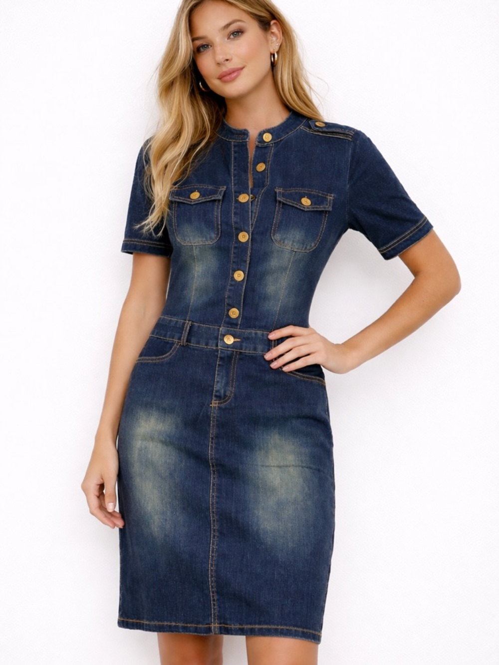 Mida denim mini dress lightweight distressed blue jeans button up closure small